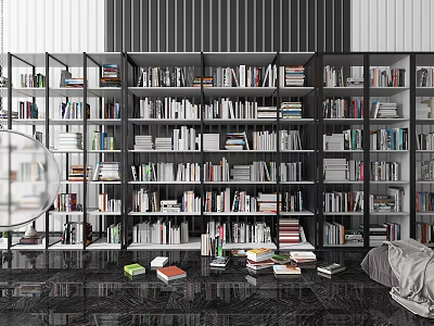 Modern Bookcase Interior With Black Frame Glass Doors Numerous Books And Marble Floor 3d model