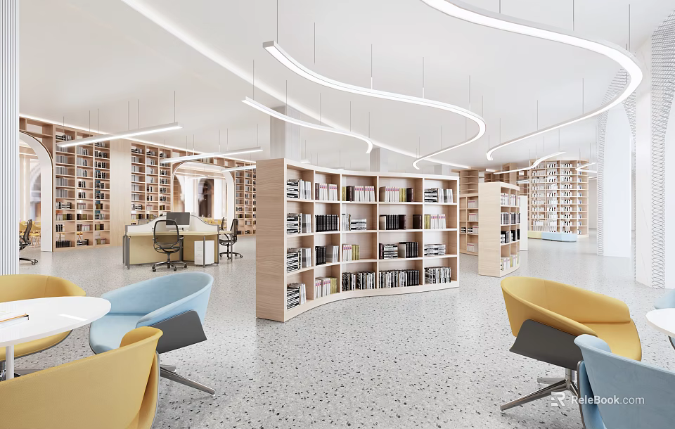 Book Art Inspired Modern Library Reading Space With Wooden Bookshelves And Curved Lighting 3d model 