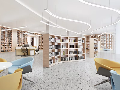 Book Art Inspired Modern Library Reading Space With Wooden Bookshelves And Curved Lighting 3d model