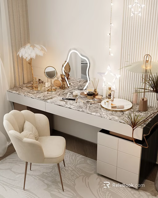 Elegant Dressing Table With Marble Countertop Lit Mirror Cosmetics Beige Chair And Feather Lamp 3d model 