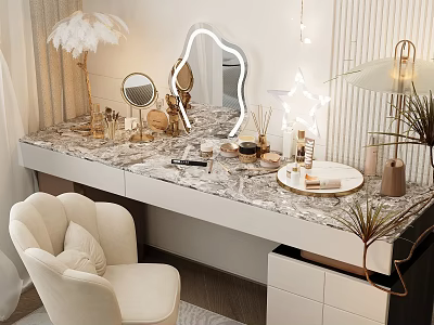 Elegant Dressing Table With Marble Countertop Lit Mirror Cosmetics Beige Chair And Feather Lamp 3d model