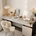 Elegant Dressing Table With Marble Countertop Lit Mirror Cosmetics Beige Chair And Feather Lamp