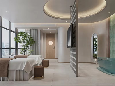 Modern SPA Sauna Interior Design With Massage Beds Bathtub And Lush Green Plants 3d model