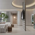 Modern SPA Sauna Interior Design With Massage Beds Bathtub And Lush Green Plants
