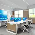 Modern Public Office Space With Wood White Desks Computers And Large Screen