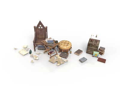 Architectural Scattered Model Pieces With Wooden Chair Books Boxes And Round Stool 3d model