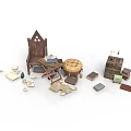 Architectural Scattered Model Pieces With Wooden Chair Books Boxes And Round Stool