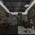Modern Hair Salon Interior Design With Wooden Walls Dark Ceiling And Barber Chairs