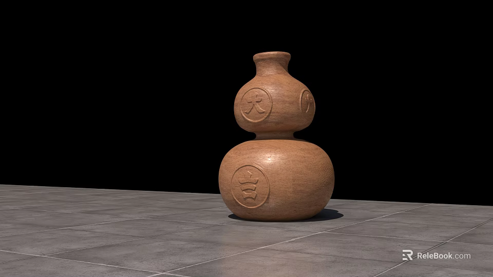 Gourd Shaped Clay Decorative Ornament Set With Carved Patterns On Gray Tiled Floor 3d model 