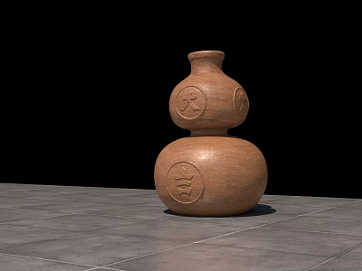 Gourd Shaped Clay Decorative Ornament Set With Carved Patterns On Gray Tiled Floor 3d model
