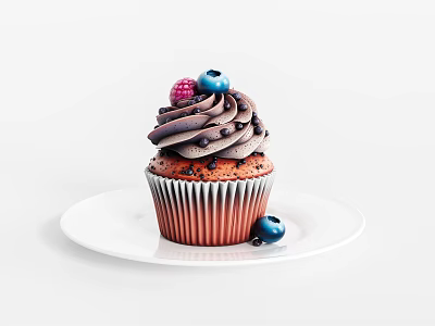 Delicious Cupcake with Chocolate Swirl Frosting and Fresh Berries on White Ceramic Plate 3d model