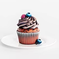 Delicious Cupcake with Chocolate Swirl Frosting and Fresh Berries on White Ceramic Plate