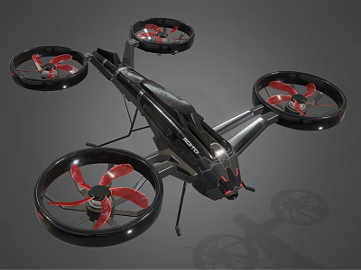 Modern Drone Equipment With Four Red Propellers And Black Body Structure 3d model