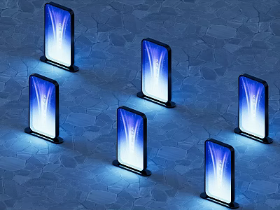 Multiple Computer Monitors With Illuminated Blue Gradient Display Screens Arranged On Textured Surface 3d model