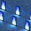Multiple Computer Monitors With Illuminated Blue Gradient Display Screens Arranged On Textured Surface