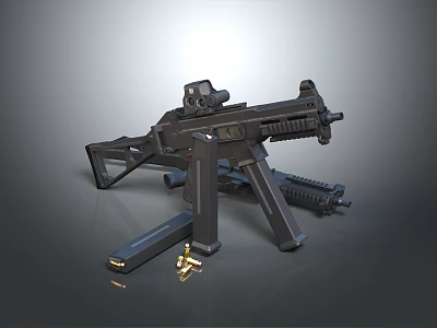 Modern Black Assault Rifle With Tripod Stand And Ammunition Bullets 3d model