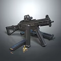 Modern Black Assault Rifle With Tripod Stand And Ammunition Bullets