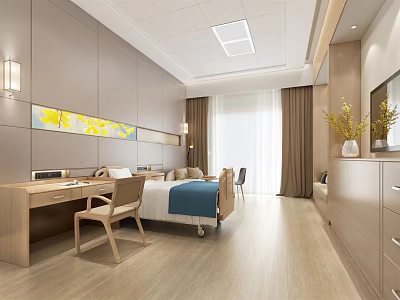 Modern Hospital Outpatient Clinic Interior With Bed Desk Chair Curtain And Decorative Painting 3d model