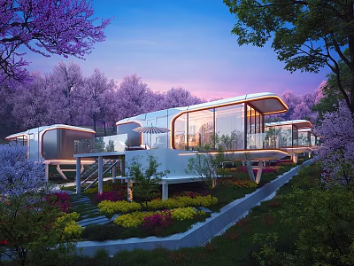 Modern Glass Homestay Building with Curved Design Surrounded by Cherry Blossoms and Greenery 3d model