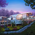 Modern Glass Homestay Building with Curved Design Surrounded by Cherry Blossoms and Greenery