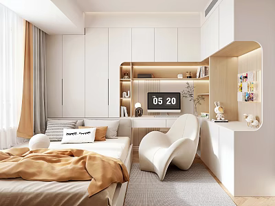 Modern Tatami Bedroom With White Storage Cabinets TV Bay Window Sofa And Soft Lighting 3d model