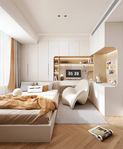 Modern Tatami Bedroom With White Storage Cabinets TV Bay Window Sofa And Soft Lighting 3d model
