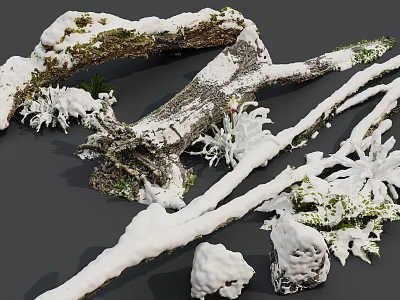Natural Stones And Wooden Logs Covered With Snow Green Moss And Twigs 3d model