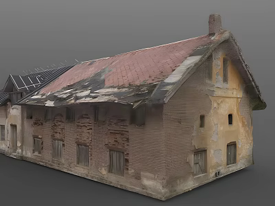Old Brick House With Damaged Roof Missing Tiles Peeling Walls And Solar Panels 3d model