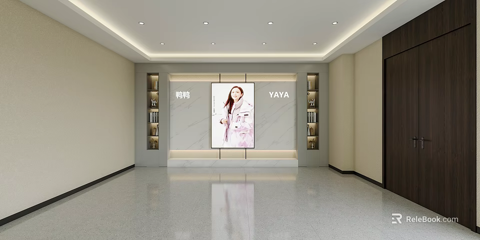 Modern Public Office Space Lobby With Marble Wall Large Screen Bookshelves And Sleek Floor 3d model 