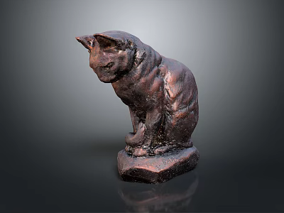 Artistic Bronze Cat Sculpture Sitting in Elegant Pose with Bowed Head on Irregular Stone Base 3d model