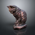 Artistic Bronze Cat Sculpture Sitting in Elegant Pose with Bowed Head on Irregular Stone Base