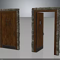 Stone Door Frames With Wooden Doors Closed And Open Metal Accents