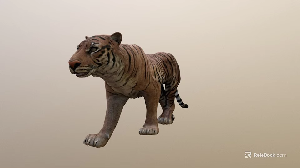 Lifelike Tiger Sculpture With Detailed Brown Black Stripes In Walking Pose 3d model 