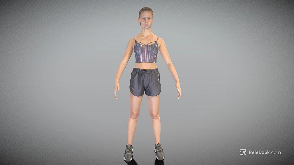 Woman Standing in Sports Bra Shorts and Sneakers Against Gray Background 3d model 