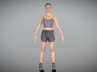 Woman Standing in Sports Bra Shorts and Sneakers Against Gray Background 3d model