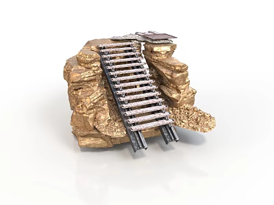 Natural Rock Formation With Metal Railroad Tracks And Small Bridge 3d model
