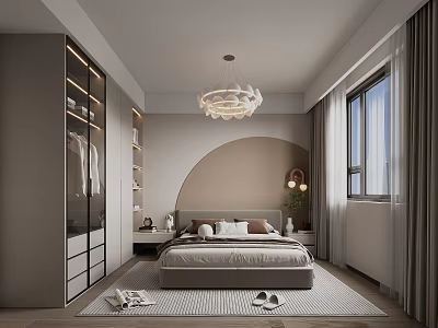 Modern Bedroom Interior Design With Comfortable Bed Wardrobe Elegant Chandelier And Window Rug 3d model