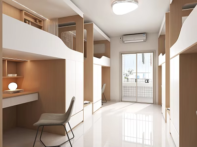 Modern Open Space Room With Bunk Beds Desk Chair Storage Cabinets White Wood Good Lighting 3d model