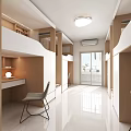 Modern Open Space Room With Bunk Beds Desk Chair Storage Cabinets White Wood Good Lighting