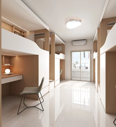 Modern Open Space Room With Bunk Beds Desk Chair Storage Cabinets White Wood Good Lighting 3d model