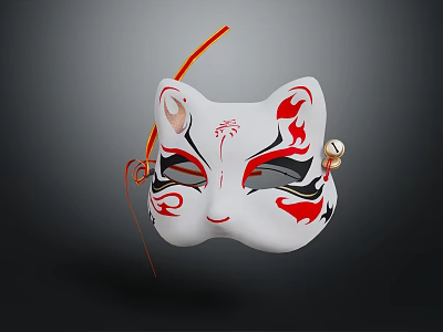 Traditional White Cat Mask With Red And Black Intricate Patterns Orange Tassel And Decorative Bell 3d model