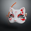 Traditional White Cat Mask With Red And Black Intricate Patterns Orange Tassel And Decorative Bell