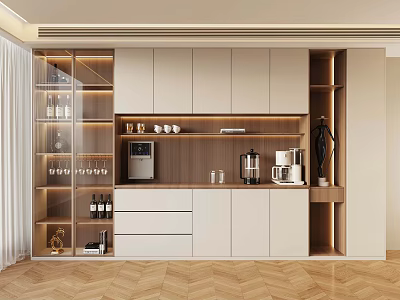 Modern Kitchen Interior With Warm Lighting Cabinets Coffee Machine And Glass Shelves 3d model