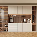 Modern Kitchen Interior With Warm Lighting Cabinets Coffee Machine And Glass Shelves