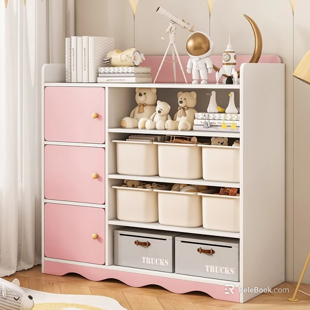 White and Pink Storage Cabinet with Shelves Drawers Storage Bins Stuffed Toys and Decorative Items 3d model 