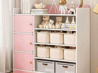 White and Pink Storage Cabinet with Shelves Drawers Storage Bins Stuffed Toys and Decorative Items 3d model