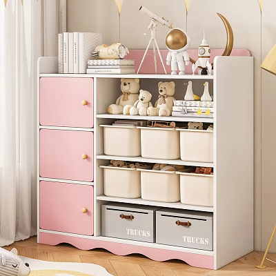 White and Pink Storage Cabinet with Shelves Drawers Storage Bins Stuffed Toys and Decorative Items 3d model