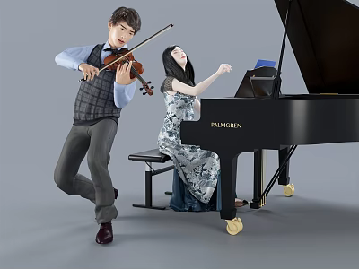 Man Playing Violin And Woman Playing Piano Together 3d model