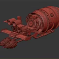 Mechanical Engine Design With Silver Metallic Casing Gold Accents And Red Thruster Elements