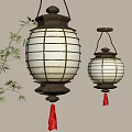 Hanging Yellow Lanterns With Black Frame Red Tassels And Bamboo Branches
